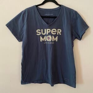 Life Is Good Blue Crusher Tee V-neck Super Mom Cotton Casual Women's size Large